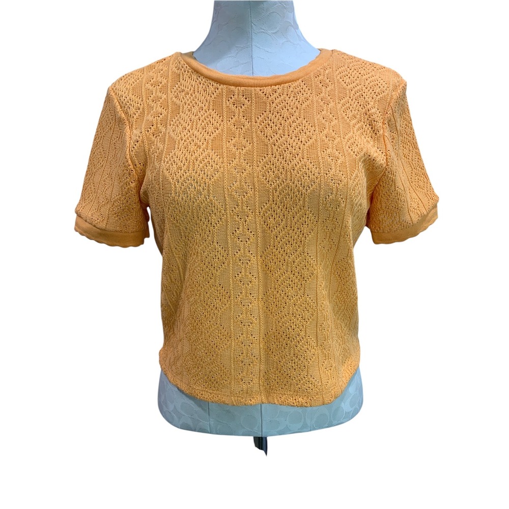 Large Zara Womens Orange Retro Loose Weave Pattern Sweater Short Sleeve